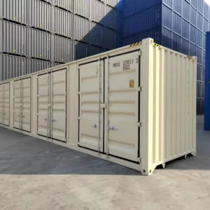 Nuevo contenedor de envío de 40 pies de color beige con parte superior abierta.